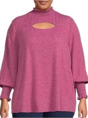 Terra and Sky Ruffled Mock Neck Keyhole Pullover - Dusty Rose